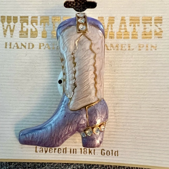 Lot of 2 Enamel Cowboy Boot Brooches Pins Layered 18k Gold Coastal Cowgirl - Picture 2 of 6